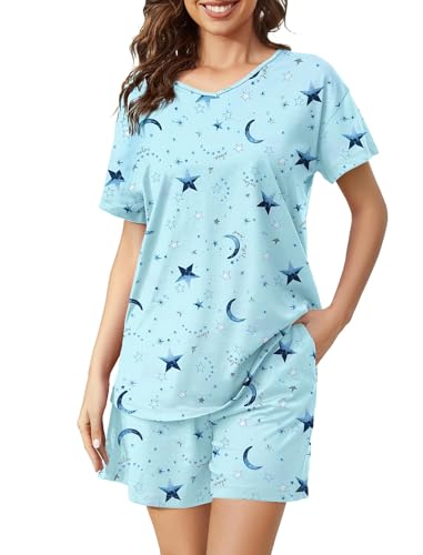 MIA LUCCE Schlafanzug Damen Kurz Baumwolle Nachtwäsche Zweiteiler Damen Sommer Pyjama Set Hausanzug Süße Muster Oberteil und Schlafshort Sleepshirt Loungewear mit Rundhals/V-Hals S-XXL von MIA LUCCE