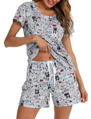MIA LUCCE Schlafanzug Damen Kurz Baumwolle Nachtwäsche Zweiteiler Damen Sommer Pyjama Set Hausanzug Süße Muster Oberteil und Schlafshort Sleepshirt Loungewear mit Rundhals/V-Hals S-XXL von MIA LUCCE