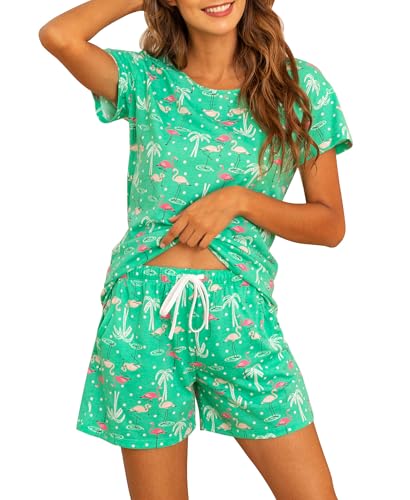 MIA LUCCE Schlafanzug Damen Kurz Baumwolle Nachtwäsche Zweiteiler Damen Sommer Pyjama Set Hausanzug Süße Muster Oberteil und Schlafshort Sleepshirt Loungewear mit Rundhals/V-Hals S-XXL von MIA LUCCE