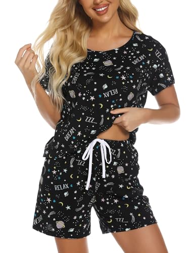MIA LUCCE Schlafanzug Damen Kurz Baumwolle Nachtwäsche Zweiteiler Damen Sommer Pyjama Set Hausanzug Süße Muster Oberteil und Schlafshort Sleepshirt Loungewear mit Rundhals/V-Hals S-XXL von MIA LUCCE