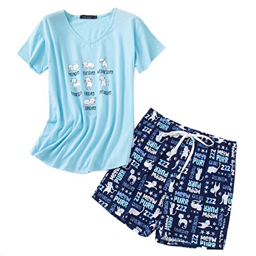 MIA LUCCE Schlafanzug Damen Kurz-Nachtwäsche fur Frauen-Kurzer Pyjama S-2XL(Blaue Katze,XX-Large) von MIA LUCCE
