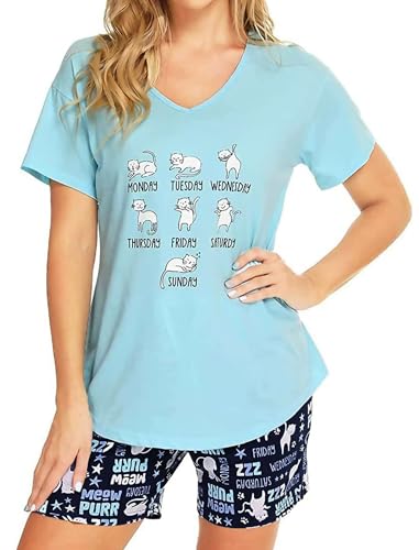 MIA LUCCE Schlafanzug Damen Kurz Baumwolle Nachtwäsche Zweiteiler Damen Sommer Pyjama Set Hausanzug Süße Muster Oberteil und Schlafshort Sleepshirt Loungewear mit Rundhals/V-Hals S-XXL von MIA LUCCE