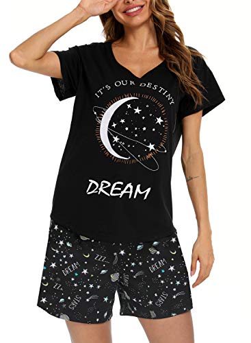 MIA LUCCE Schlafanzug Damen Kurz Baumwolle Nachtwäsche Zweiteiler Damen Sommer Pyjama Set Hausanzug Süße Muster Oberteil und Schlafshort Sleepshirt Loungewear mit Rundhals/V-Hals S-XXL von MIA LUCCE
