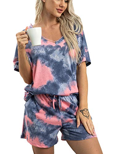 MIA LUCCE Schlafanzug Damen Kurz Baumwolle Nachtwäsche Zweiteiler Damen Sommer Pyjama Set Hausanzug Süße Muster Oberteil und Schlafshort Sleepshirt Loungewear mit Rundhals/V-Hals S-XXL von MIA LUCCE