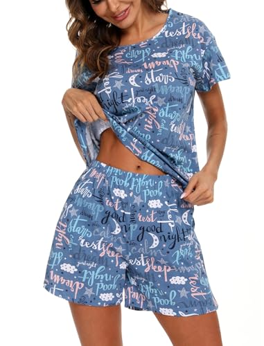 MIA LUCCE Schlafanzug Damen Kurz Baumwolle Nachtwäsche Zweiteiler Damen Sommer Pyjama Set Hausanzug Süße Muster Oberteil und Schlafshort Sleepshirt Loungewear mit Rundhals/V-Hals S-XXL von MIA LUCCE