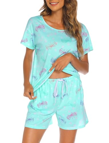 MIA LUCCE Schlafanzug Damen Kurz Baumwolle Nachtwäsche Zweiteiler Damen Sommer Pyjama Set Hausanzug Süße Muster Oberteil und Schlafshort Sleepshirt Loungewear mit Rundhals/V-Hals S-XXL von MIA LUCCE
