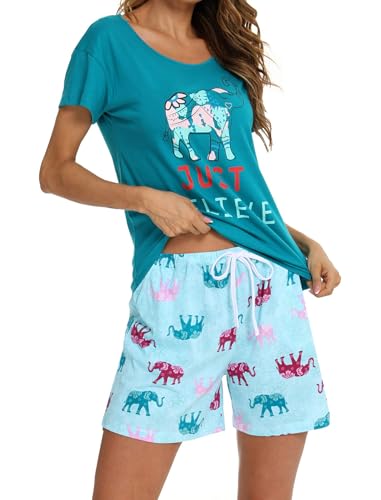 MIA LUCCE Schlafanzug Damen Kurz Baumwolle Nachtwäsche Zweiteiler Damen Sommer Pyjama Set Hausanzug Süße Muster Oberteil und Schlafshort Sleepshirt Loungewear mit Rundhals/V-Hals S-XXL von MIA LUCCE