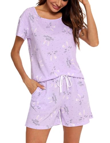 MIA LUCCE Schlafanzug Damen Kurz Baumwolle Nachtwäsche Zweiteiler Damen Sommer Pyjama Set Hausanzug Süße Muster Oberteil und Schlafshort Sleepshirt Loungewear mit Rundhals/V-Hals S-XXL von MIA LUCCE