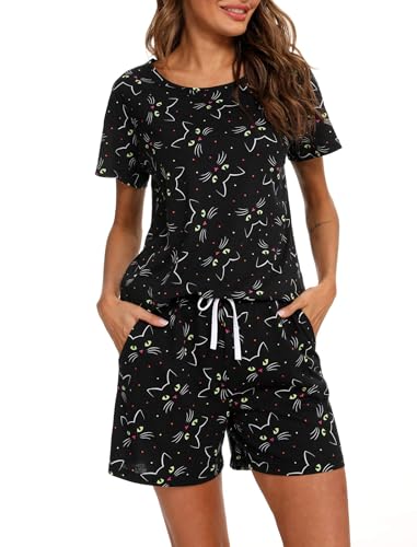 MIA LUCCE Schlafanzug Damen Kurz Baumwolle Nachtwäsche Zweiteiler Damen Sommer Pyjama Set Hausanzug Süße Muster Oberteil und Schlafshort Sleepshirt Loungewear mit Rundhals/V-Hals S-XXL von MIA LUCCE