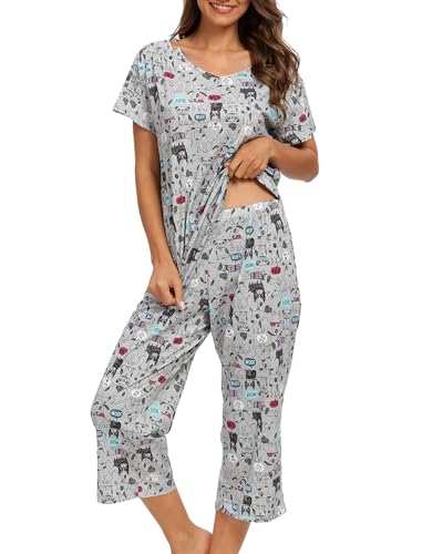 MIA LUCCE Schlafanzug Damen Zweiteiliger Pyjama Sommer Nachtwäsche Kurz Baumwolle Hausanzug Capri Sleepwear Oberteil und 3/4 Hose S-XXL von MIA LUCCE