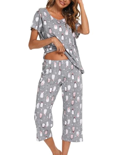 MIA LUCCE Schlafanzug Damen Zweiteiliger Pyjama Sommer Nachtwäsche Kurz Baumwolle Hausanzug Capri Sleepwear Oberteil und 3/4 Hose S-XXL von MIA LUCCE