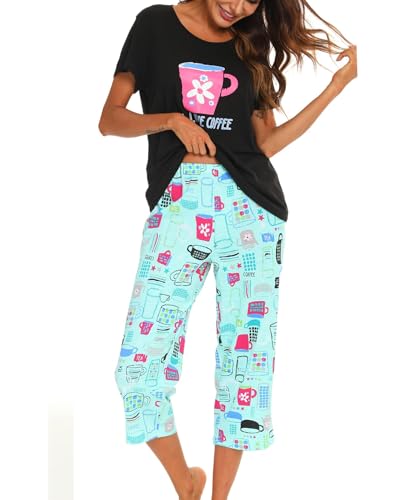 MIA LUCCE Schlafanzug Damen Zweiteiliger Pyjama Sommer Nachtwäsche Kurz Baumwolle Hausanzug Capri Sleepwear Oberteil und 3/4 Hose S-XXL von MIA LUCCE