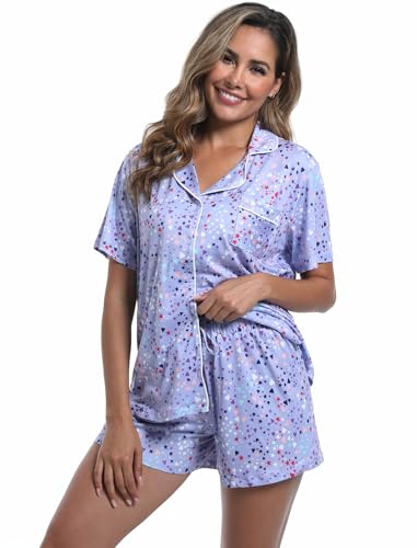 MIA LUCCE Schlafanzug Damen Kurz Shorty Pyjama Set Baumwolle Sommer Nachtwäsche Zweiteiler mit Knopfleiste V Ausschnitt T Shirt Bequem Elastischer Sleepwear Hausanzug, S-XXL von MIA LUCCE