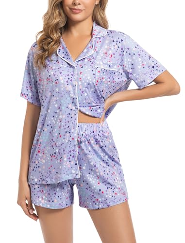 MIA LUCCE Schlafanzug Damen Kurz Shorty Pyjama Set Baumwolle Sommer Nachtwäsche Zweiteiler mit Knopfleiste V Ausschnitt T Shirt Bequem Elastischer Sleepwear Hausanzug, S-XXL von MIA LUCCE