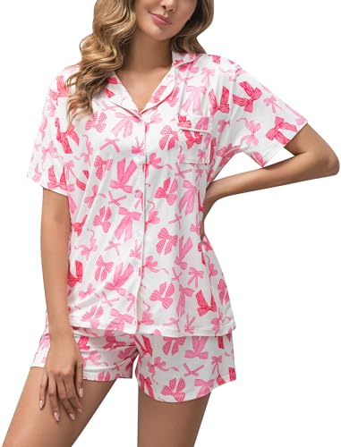 MIA LUCCE Schlafanzug Damen Kurz Shorty Pyjama Set Baumwolle Sommer Nachtwäsche Zweiteiler mit Knopfleiste V Ausschnitt T Shirt Bequem Elastischer Sleepwear Hausanzug, S-XXL von MIA LUCCE