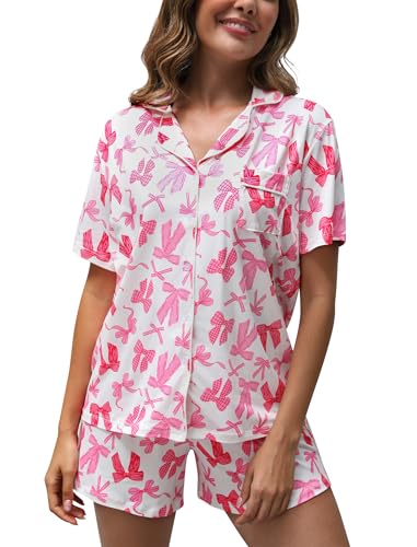 MIA LUCCE Schlafanzug Damen Kurz Shorty Pyjama Set Baumwolle Sommer Nachtwäsche Zweiteiler mit Knopfleiste V Ausschnitt T Shirt Bequem Elastischer Sleepwear Hausanzug, S-XXL von MIA LUCCE