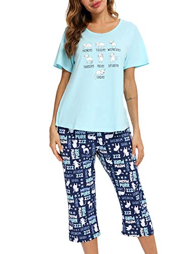 MIA LUCCE Schlafanzug Damen-Kurzarm Top und 3/4 Lange Hose Zweiteiler Pyjama Set(3X-Large,Blaue Katze) von MIA LUCCE