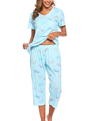 MIA LUCCE Schlafanzug Damen-Kurzarm Top und 3/4 Lange Hose Zweiteiler Pyjama Set(3X-Large,Schmetterling) von MIA LUCCE