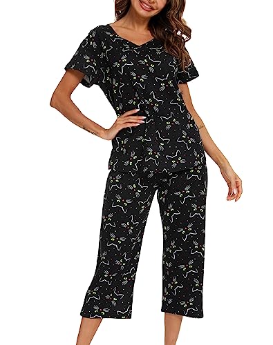 MIA LUCCE Schlafanzug Damen-Kurzarm Top und 3/4 Lange Hose Zweiteiler Pyjama Set(Large,Schwarze Katze) von MIA LUCCE