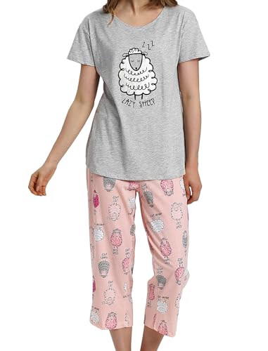 MIA LUCCE Schlafanzug Damen Zweiteiliger Pyjama Sommer Nachtwäsche Kurz Baumwolle Hausanzug Capri Sleepwear Oberteil und 3/4 Hose S-XXL von MIA LUCCE