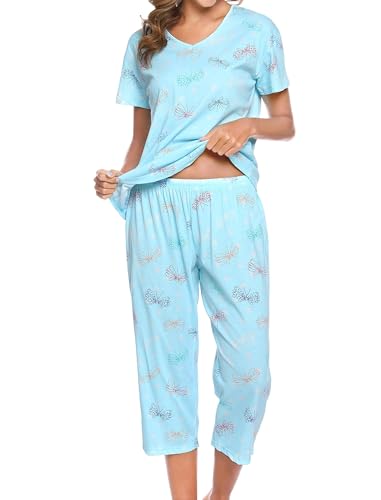 MIA LUCCE Schlafanzug Damen Zweiteiliger Pyjama Sommer Nachtwäsche Kurz Baumwolle Hausanzug Capri Sleepwear Oberteil und 3/4 Hose S-XXL von MIA LUCCE