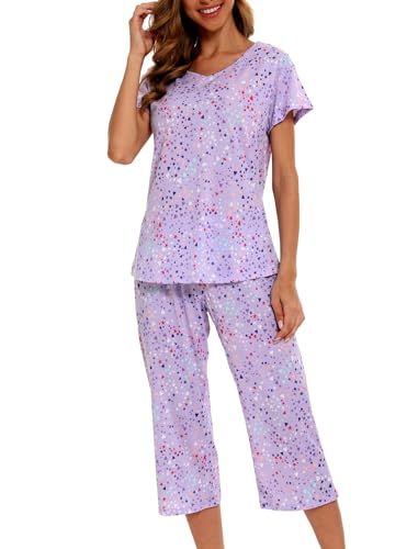 MIA LUCCE Schlafanzug Damen Zweiteiliger Pyjama Sommer Nachtwäsche Kurz Baumwolle Hausanzug Capri Sleepwear Oberteil und 3/4 Hose S-XXL von MIA LUCCE