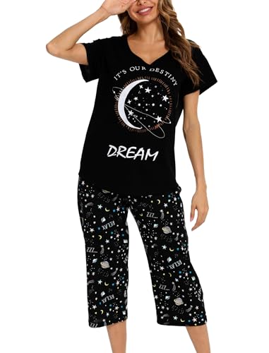 MIA LUCCE Schlafanzug Damen Zweiteiliger Pyjama Sommer Nachtwäsche Kurz Baumwolle Hausanzug Capri Sleepwear Oberteil und 3/4 Hose S-XXL von MIA LUCCE