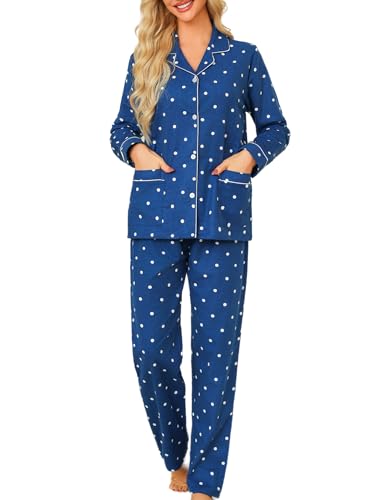 MIA LUCCE Damen Pyjama Lang Set mit Knopfleiste, Weich Flanell Pyjama Set mit Oberteil und Hose, Zweiteilig XS-XL von MIA LUCCE
