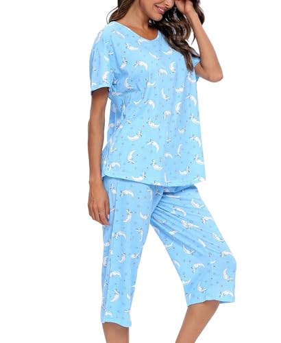 MIA LUCCE Schlafanzug Damen Zweiteiliger Pyjama Sommer Nachtwäsche Kurz Baumwolle Hausanzug Capri Sleepwear Oberteil und 3/4 Hose S-XXL von MIA LUCCE