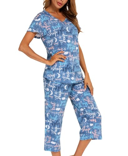 MIA LUCCE Schlafanzug Damen Zweiteiliger Pyjama Sommer Nachtwäsche Kurz Baumwolle Hausanzug Capri Sleepwear Oberteil und 3/4 Hose S-XXL von MIA LUCCE