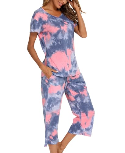 MIA LUCCE Schlafanzug Damen Zweiteiliger Pyjama Sommer Nachtwäsche Kurz Baumwolle Hausanzug Capri Sleepwear Oberteil und 3/4 Hose S-XXL von MIA LUCCE