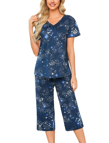 MIA LUCCE Schlafanzug Damen Zweiteiliger Pyjama Sommer Nachtwäsche Kurz Baumwolle Hausanzug Capri Sleepwear Oberteil und 3/4 Hose S-XXL von MIA LUCCE