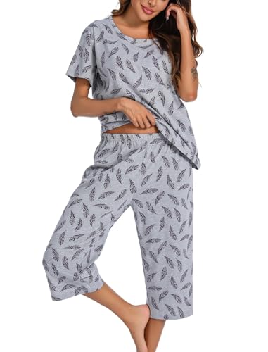 MIA LUCCE Schlafanzug Damen Zweiteiliger Pyjama Sommer Nachtwäsche Kurz Baumwolle Hausanzug Capri Sleepwear Oberteil und 3/4 Hose S-XXL von MIA LUCCE