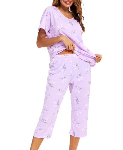 MIA LUCCE Schlafanzug Damen Zweiteiliger Pyjama Sommer Nachtwäsche Kurz Baumwolle Hausanzug Capri Sleepwear Oberteil und 3/4 Hose S-XXL von MIA LUCCE