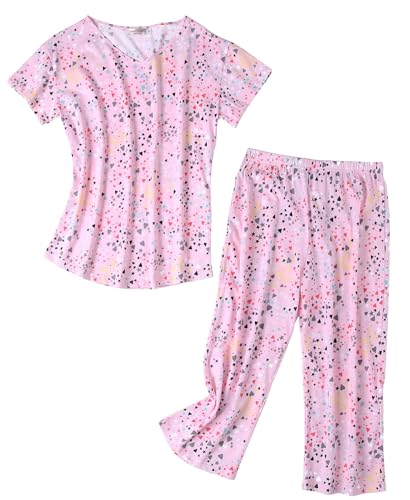 MIA LUCCE Schlafanzug Damen Zweiteiliger Pyjama Sommer Nachtwäsche Kurz Baumwolle Hausanzug Capri Sleepwear Oberteil und 3/4 Hose S-XXL von MIA LUCCE