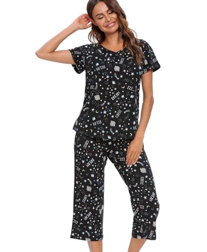 MIA LUCCE Schlafanzug Damen Zweiteiliger Pyjama Sommer Nachtwäsche Kurz Baumwolle Hausanzug Capri Sleepwear Oberteil und 3/4 Hose S-XXL von MIA LUCCE