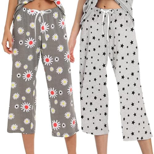 Schlafanzug Damen 3/4 Lang Schlafanzughose kurz Freizeithose Nachtwäsche mit Schnüre von MIA LUCCE