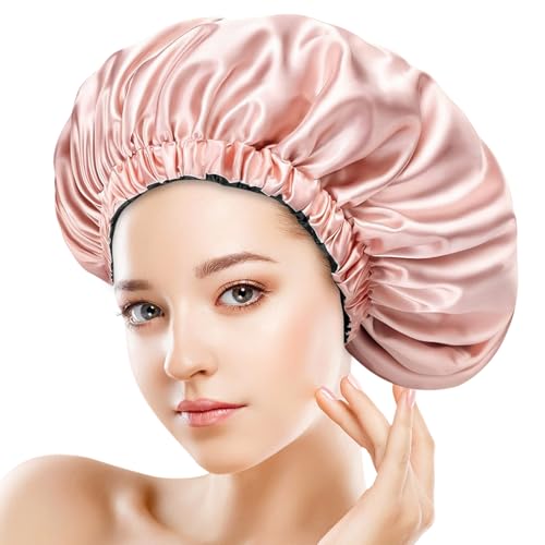 Doppelschichtige Satinhaube zum Schlafen, Seidenhaube mit verstellbarer Haarkappe, Satin-Duschhaube, Seidenhaube für schlafende Frauen, Haarhaube als Geschenk - Miaetfh (Rosa) von MIAETFH