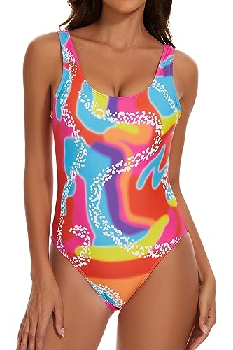 MIAIULIA Damen Retro 80er/90er Jahre inspirierte High Cut Low Back Polsterung Einteiler Bademode Badeanzüge, Bunte weiße Punkte, Medium von MIAIULIA