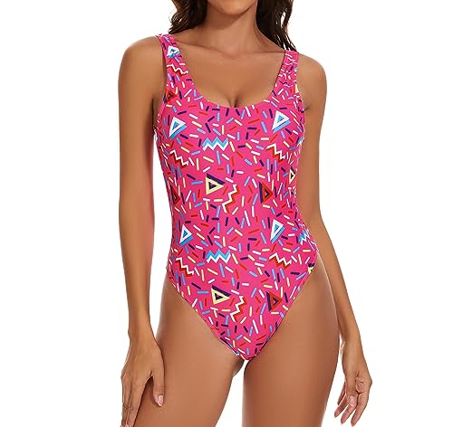 MIAIULIA Damen Retro 80er/90er Jahre inspirierte High Cut Low Back Polsterung Einteiler Bademode Badeanzüge, Geometrische Linien Rose, Medium von MIAIULIA