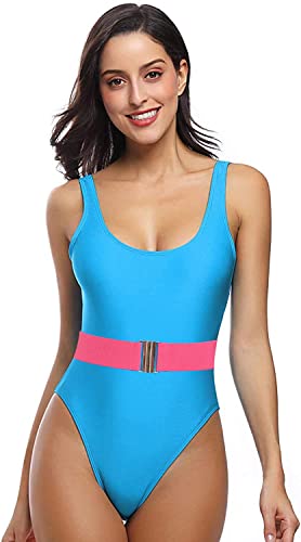 MIAIULIA Damen Retro 80er/90er Jahre inspirierte High Cut Low Back Polsterung Einteiler Bademode Badeanzüge, Gürtel Blau, Large von MIAIULIA