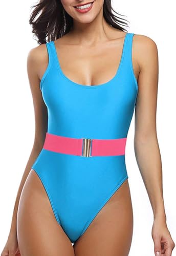MIAIULIA Damen Retro 80er/90er Jahre inspirierte High Cut Low Back Polsterung Einteiler Bademode Badeanzüge, Gürtel Blau, XL von MIAIULIA