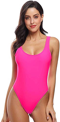 MIAIULIA Damen Retro 80er/90er Jahre inspirierte High Cut Low Back Polsterung Einteiler Bademode Badeanzüge, Hot Pink mit Polsterung, XS von MIAIULIA