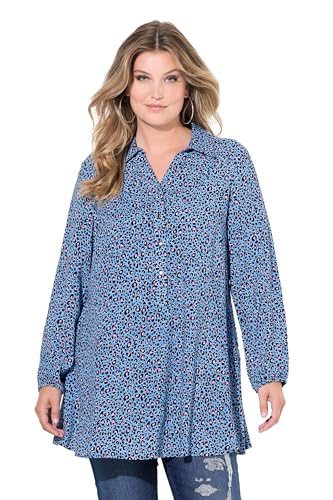 MIAMODA Damen große Größen Übergrößen Plus Size Bluse, A-Linie, Leomuster, Saum-Volant, Langarm stahlblau 54 836773723-54 von MIAMODA