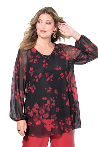 MIAMODA Damen große Größen Übergrößen Plus Size Bluse, Mesh, floraler Print, weiter Langarm schwarz 52 836031100-52 von MIAMODA