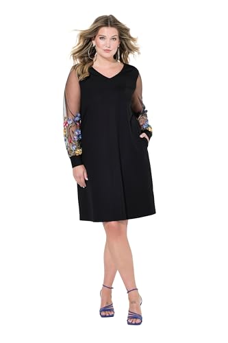 MIAMODA Damen große Größen Übergrößen Plus Size Jerseykleid, A-Linie, bestickter Mesh-Langarm schwarz 48 834983100-48 von MIAMODA