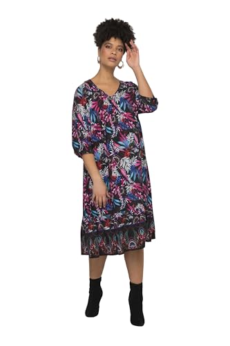 MIAMODA Damen große Größen Übergrößen Plus Size Kleid, A-Line, Alloverdruck, V-Ausschnitt, 3/4-Ärmel schwarz 48 831656130-48 von MIAMODA