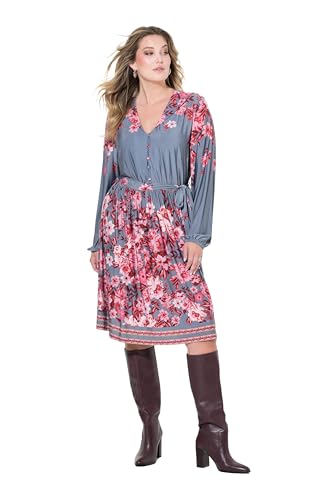 MIAMODA Damen große Größen Übergrößen Plus Size Kleid, A-Linie, Blumen-Druck, Langarm bleigrau 56 835736187-56 von MIAMODA