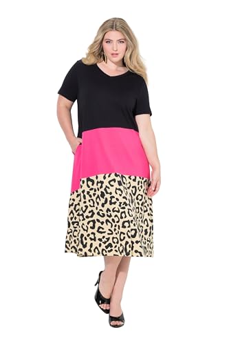 MIAMODA Damen große Größen Übergrößen Plus Size Kleid, A-Linie, Colorblocking mit Animalprint schwarz 48 843217100-48 von MIAMODA