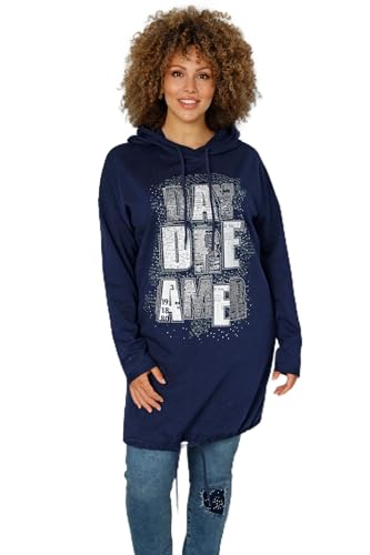 MIAMODA Damen große Größen Übergrößen Plus Size Long-Hoodie, Schriftdruck, Kapuze, Bindeband am Saum. Navy 50 202768740-50 von MIAMODA